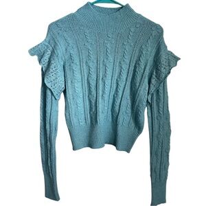 Blue Cowl Neck Sweater with Ruffled Shoulders Small cable knit